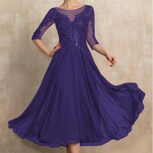 A-Line Scoop Tea-Length Chiffon Lace Mother of the Bride Dress